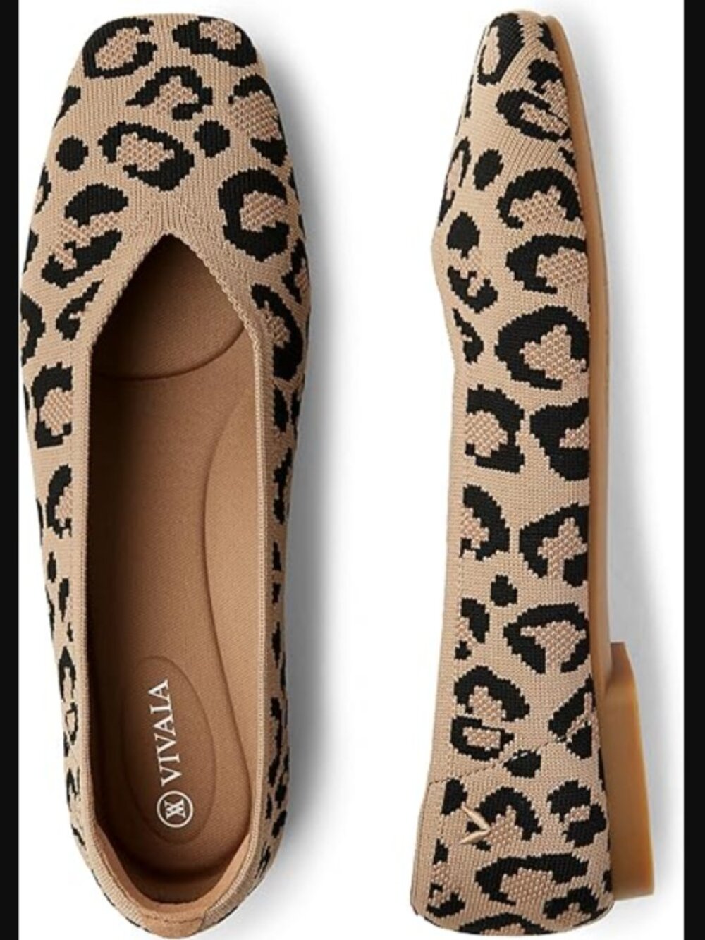 Vivaia Square-Toe V-Cut Flats (Margot 2.0) Animal Print Tan & Black Size 40.5
